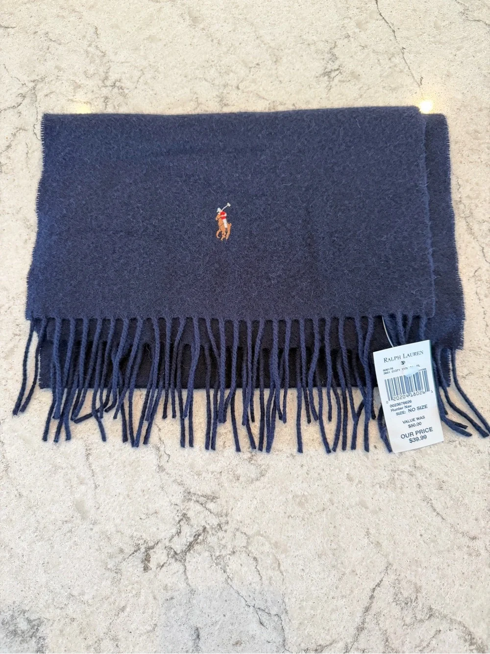 Polo Ralph Lauren 100% Lambswool Scarf Navy Made in Scotland Fringe NWT